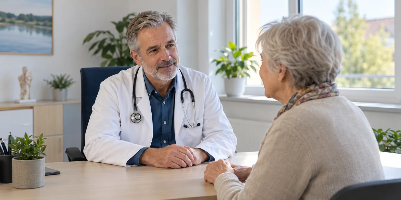 Symbolbild: Hausarzt im ruhigen Gespräch mit einer älteren Patientin