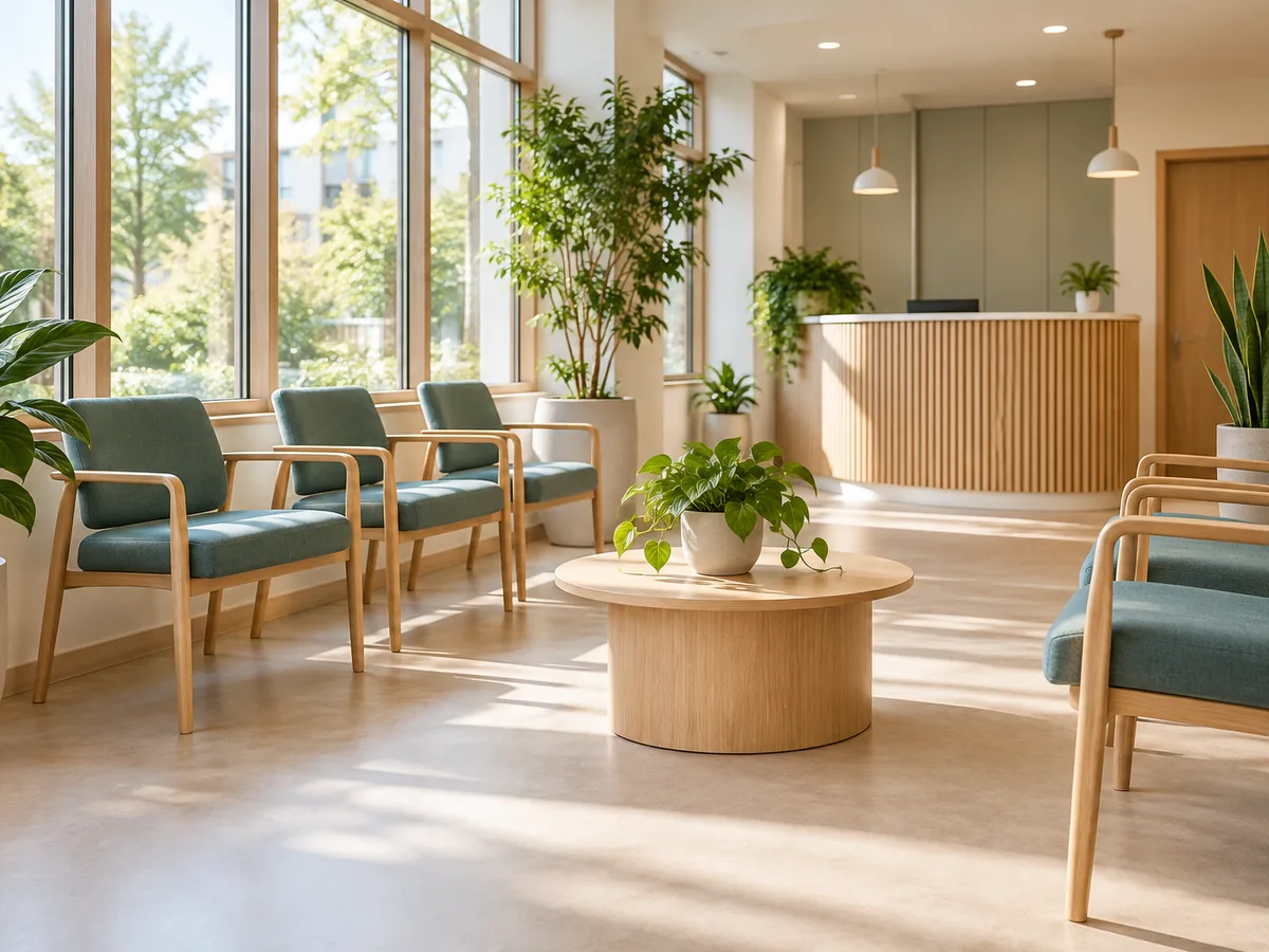 Freundliches Wartezimmer mit Pflanzen und Tageslicht
