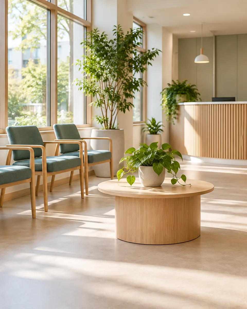 Freundliches Wartezimmer mit Pflanzen und Tageslicht